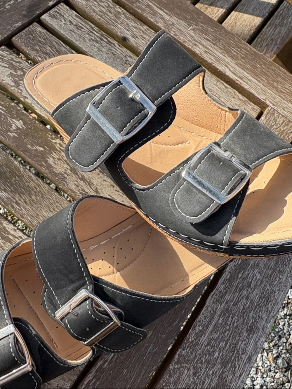 Black Buckle Wedge Sandals - Comfortable Women's Slip-On